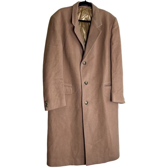 Woolmark Pure New Wool PeaCoat Men 42 R Length 45 Tan England Trench VTG 90s Y2K - Picture 1 of 16